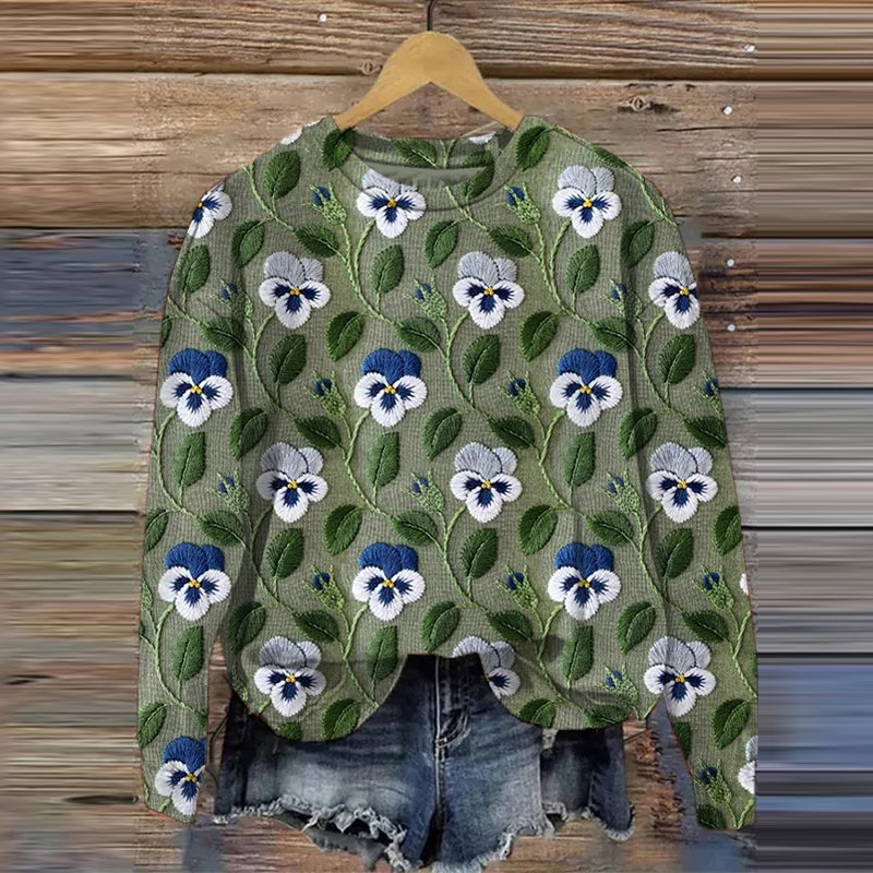 Women's Embroidery Floral Leaves Graphic Print Casual Sweatshirt