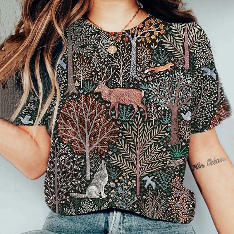 Women's Forest Animals Deer Wolf Art Print Casual T-Shirt