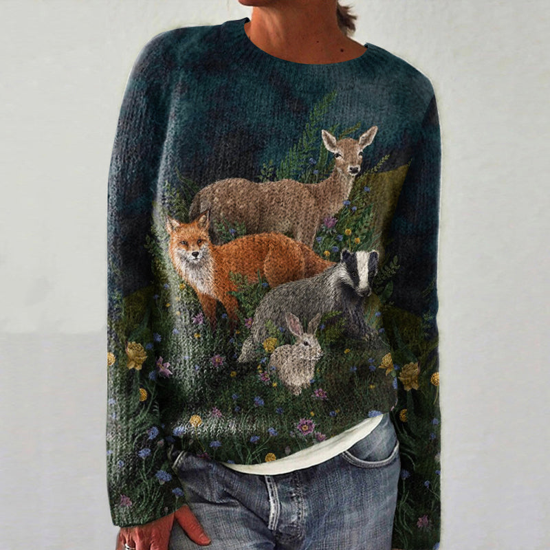 Women's Winter Fox And Elk Art Casual Sweater