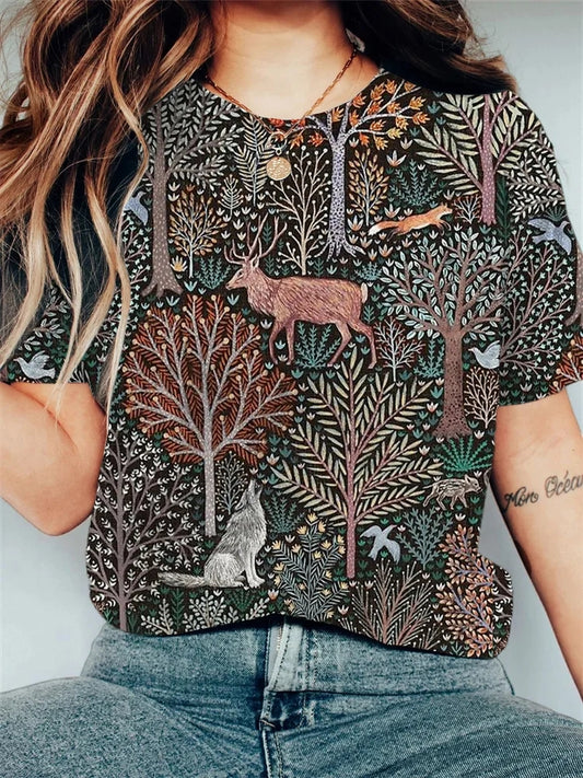 Women's Forest Animals Deer Wolf Art Print Casual T-Shirt