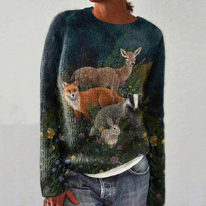 Women's Winter Fox And Elk Art Casual Sweater